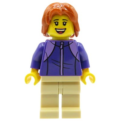 Mini figurka LEGO City kobieta / mama w fioletowej bluzie, piaskowych spodniach