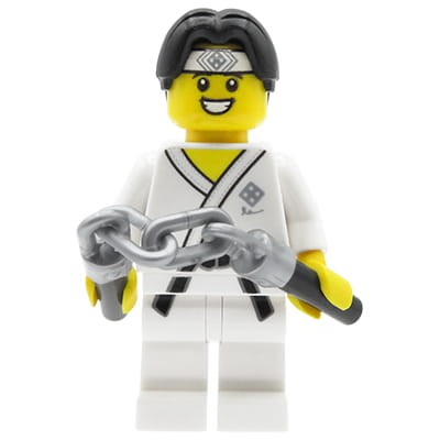 Minifigurka LEGO series 20 Minifigures - mężczyzna Karateka, biały strój z czarnym pasem, nunczako.