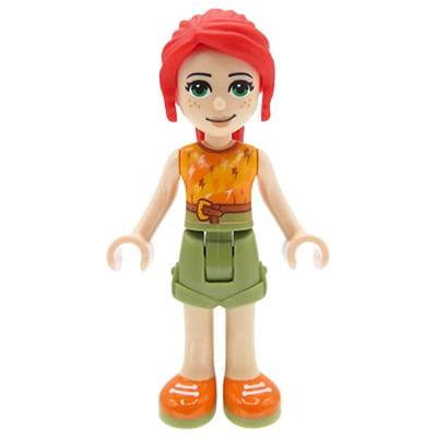 Mini figurka LEGO Friends Mia w oliwkowych krótkich spodenkach i pomarańczowej koszulce z błyskawicami