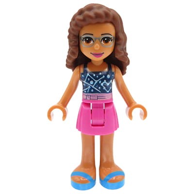 Mini figurka LEGO Friends Olivia - ciemna różowa spódniczka, ciemnoniebieski top z nadrukiem