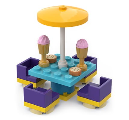 Kawiarnia: stół z parasolem + krzesła - mały zestaw mebli z klocków LEGO