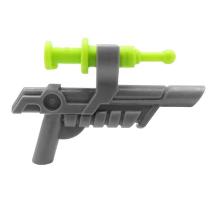 LEGO pistolet ciemny szary z limonkową strzykawką ze środkiem usypiającym