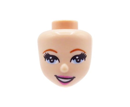 Głowa figurki LEGO Friends  jasna cielista, niebieskie oczy, rzęsy, różowe usta, uśmiech.
