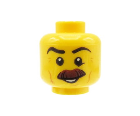 Głowa figurki LEGO żółta, męska, krzaczaste wąsy, czarne brwi