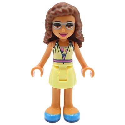 Minifigurka / laleczka LEGO Friends Olivia w sukience w kolorze jasnym żółtym i niebieskich butach