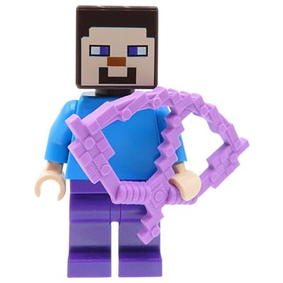 Mini figurka LEGO Minecraft Steve z łukiem, w fioletowych spodniach i dark azure bluzce