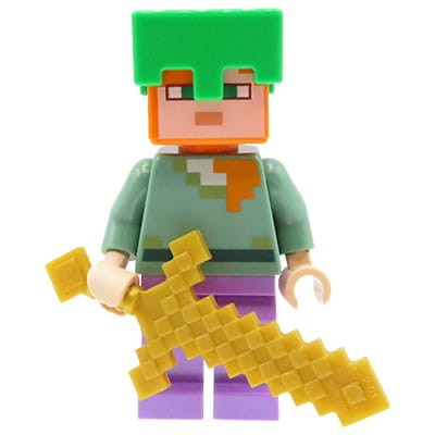 Mini figurka LEGO Minecraft Alex w lawendowych spodniach, piaskowo-zielonej bluzce, ze złotym mieczem i zielonym hełmem