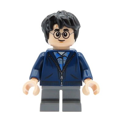 Mini figurka LEGO Harry Potter w ciemnoniebieskiej bluzie na zamek i ciemnych szarych spodniach