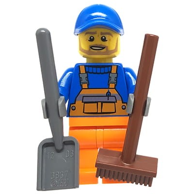 LEGO City Minifigure - Garbage man with with shovel and push broom / Mini figurka - sprzątacz - śmieciarz z łopatą i szczotką