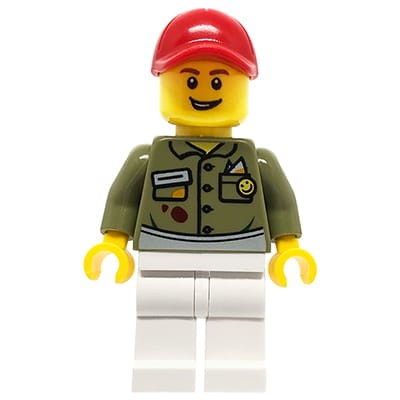 LEGO City Minifigure - Male Vendor / Shop clerk in olive green shirt and red cap
Minifigurka LEGO sprzedawca / pracownik sklepu w oliwkowej koszuli na guziki i w czerwonej czapce