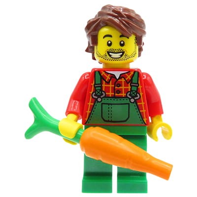 LEGO City - mini figurka farmer  / ogrodnik / rolnik  w zielonych ogrodniczkach + marchewka