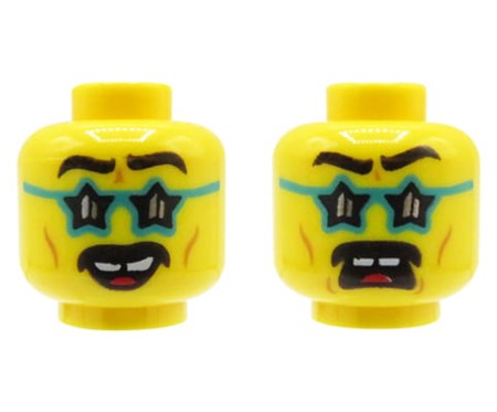 LEGO głowa / główka figurki - mężczyzna, dwustronna, okulary gwiazdki, wąsy, żółta