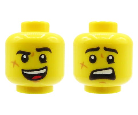 Zum Produkt Kopf einer LEGO Minifigur – Mann, Narbe auf der Wange, doppelseitig