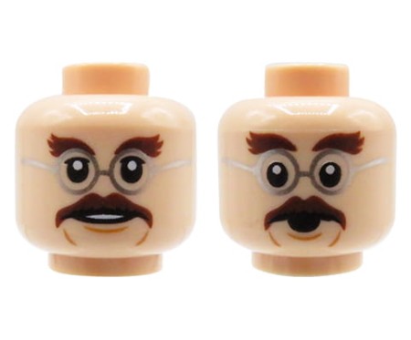 LEGO głowa / główka figurki - mężczyzna, cielista, dwustronna, wąsy i okulary