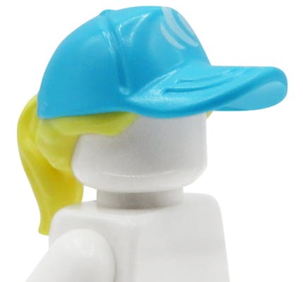 Zum Produkt LEGO Minifigurenhaar – weiblich, blond, Pferdeschwanz, blaue Baseballkappe