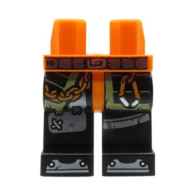 LEGO nogi / nóżki figurki - czarne spodnie z pomarańczowymi łańcuchami i srebrnym paskiem
