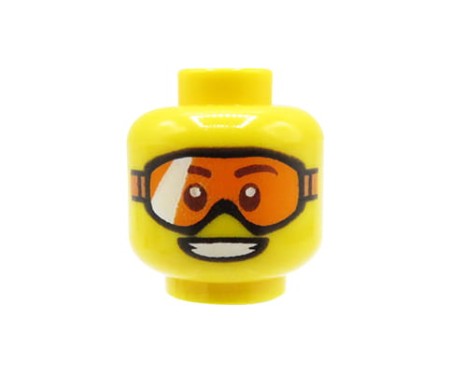 LEGO głowa / główka figurki - pomarańczowe gogle, szeroki uśmiech, żółta