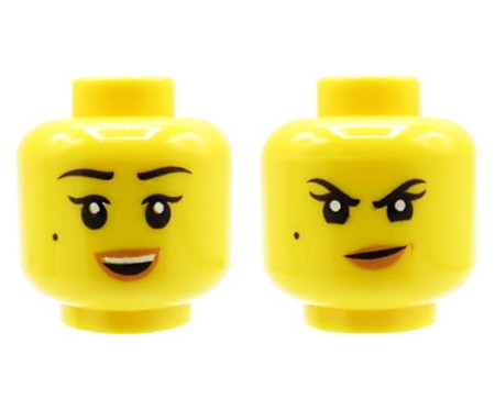 LEGO głowa / główka figurki - kobieta, pieprzyk na policzku, dwustronna (szeroki uśmiech / skwaszona mina)