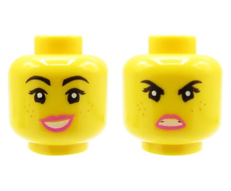 LEGO głowa / główka figurki - damska, różowe usta i piegi, dwustronna (uśmiechnięta / wkurzona mina)