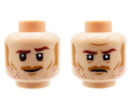 LEGO głowa / główka figurki - męska, cielista, zarost, wąsy, bokobrody, dwustronna (delikatny uśmiech / wkurzona mina)
