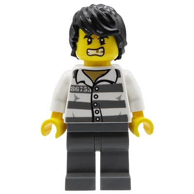 LEGO City - figurka Złodziej / Więzień / Rabuś - czarne włosy, brak zęba, więzienna koszula w paski