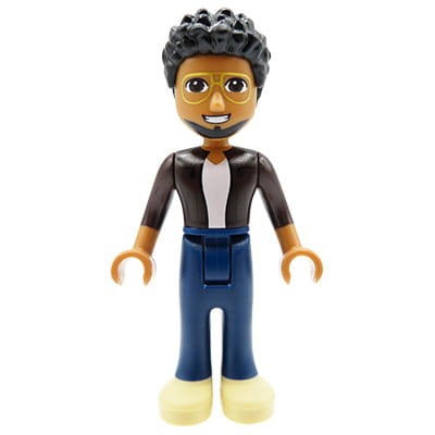 Minifigurka LEGO Friends chłopak / mężczyzna Martin - ciemna karnacja, czarne kręcone włosy, bródka, okulary w złotych oprawkach
