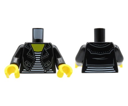 LEGO tors figurki - czarna damska kurtka skórzana, koszulka w paski
