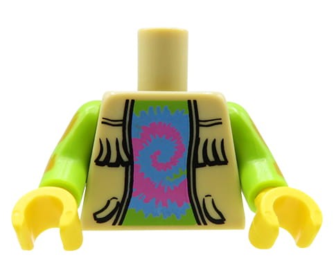 Zum Produkt LEGO Minifiguren-Torso – Weste mit Fransen, limettengrünes Hemd, Hippie-Stil