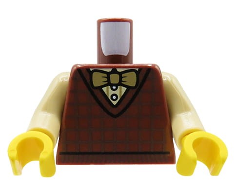 Zum Produkt Torso einer LEGO Minifigur – braune Pullunderweste, Fliege, Hemd