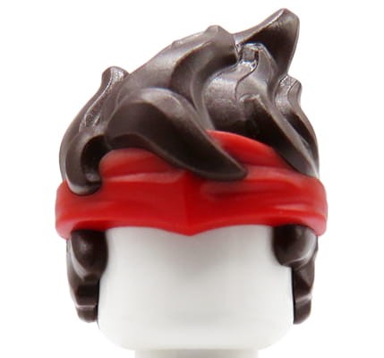 LEGO włosy figurki - męskie, ciemne brązowe, potargane i sterczące, czerwona opaska / chustka wiązana na czole