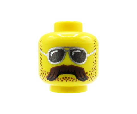 Zum Produkt Kopf einer LEGO Minifigur – Mann, Sonnenbrille, Schnurrbart