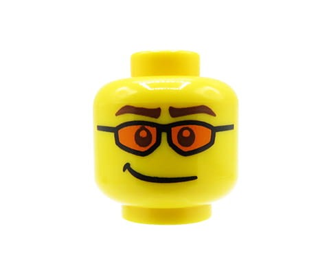 Zum Produkt Kopf einer LEGO Minifigur – Mann, Lächeln, orange Sonnenbrille