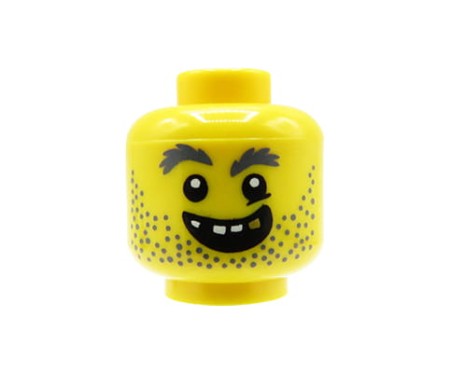 LEGO głowa / główka figurki - męska, rabuś / złodziej, złoty ząb i wybity ząb, szeroki uśmiech