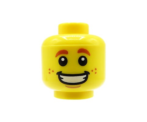 Zum Produkt Kopf einer LEGO Minifigur – männlich, offenes Lächeln, Sommersprossen