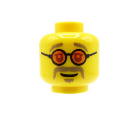LEGO głowa / główka figurki - męska, pomarańczowe okrągłe okulary lenonki, wąsy i kozia bródka