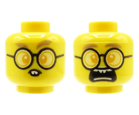 LEGO głowa / główka figurki - okrągłe okulary, wystające zęby, dwustronna (zamknięta / otwarta buzia, przerażona mina)
