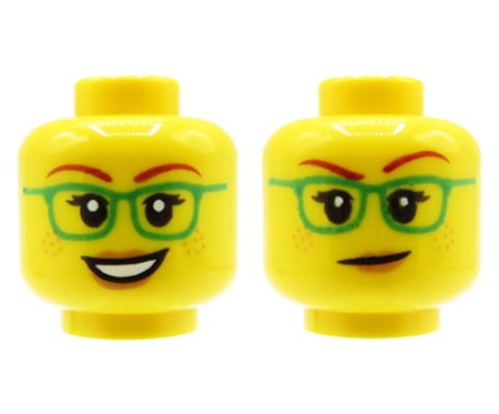 LEGO głowa / główka figurki - damska, zielone okulary korekcyjne, dwustronna (uśmiech / neutralna mina)