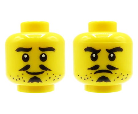 LEGO głowa / główka figurki - męska, wąsik i kozia bródka, dwustronna (uśmiechnięta / wkurzona mina)