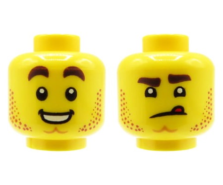 LEGO głowa / główka figurki - męska, zarost, dwustronna (szeroki uśmiech / pokazywanie języka, skwaszona mina)