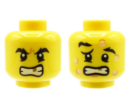 LEGO głowa / główka figurki - męska, złoty ząb, dwustronna (wkurzona mina / pryszcze, bąble, przestraszona mina)
