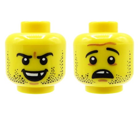 LEGO głowa / główka figurki - męska, zarost, wybity ząb, dwustronna (szyderczy uśmiech / przerażona mina)