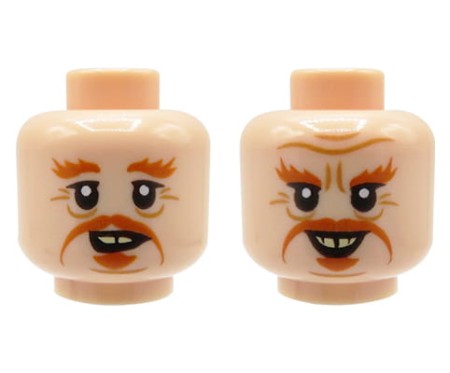 LEGO głowa / główka figurki - męska, cielista, rude wąsy, bródka i brwi, zmarszczki, dwustronna (delikatny / szyderczy uśmiech)