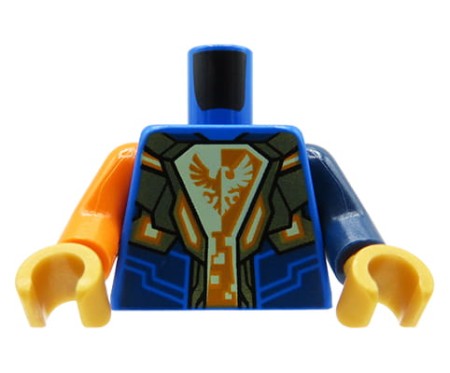 Tors figurki LEGO - niebieska zbroja z biało-pomarańczowym sokołem.