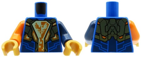 Tors figurki LEGO - niebieska zbroja z biało-pomarańczowym sokołem.
