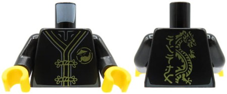 Tors figurki LEGO Ninjago czarne, tradycyjne kimono ze złotym smokiem na plecach.