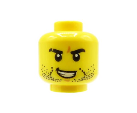 Głowa figurki LEGO w kolorze żółtym, męska, zarost, czarne brwi, blizna na prawej brwi, uśmiech z zębami.