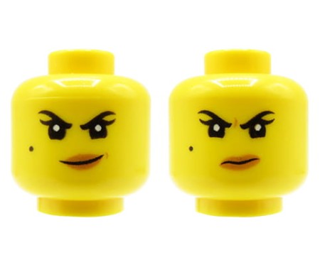 Głowa figurki LEGO w kolorze żółtym, dwustronna, damska, pieprzyk, czarne brwi, grymas / przekrzywiony uśmiech.