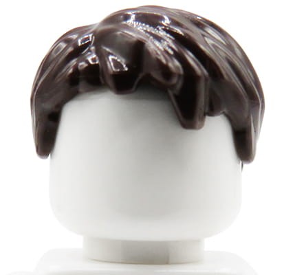 Włosy figurki LEGO męskie, krótkie, ciemnobrązowe, potargane, z przedziałkiem z boku.