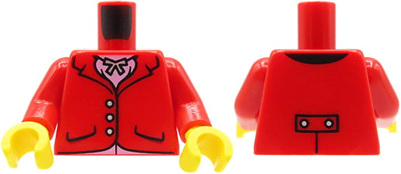 Torso einer LEGO Minifigur – rote Jacke, rosa Hemd, Halskette