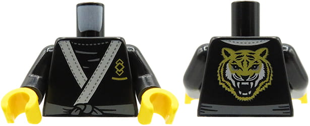 LEGO Minifiguren-Torso – schwarzer Kimono/Ninja-Robe mit goldenem Tigerkopf auf dem Rücken